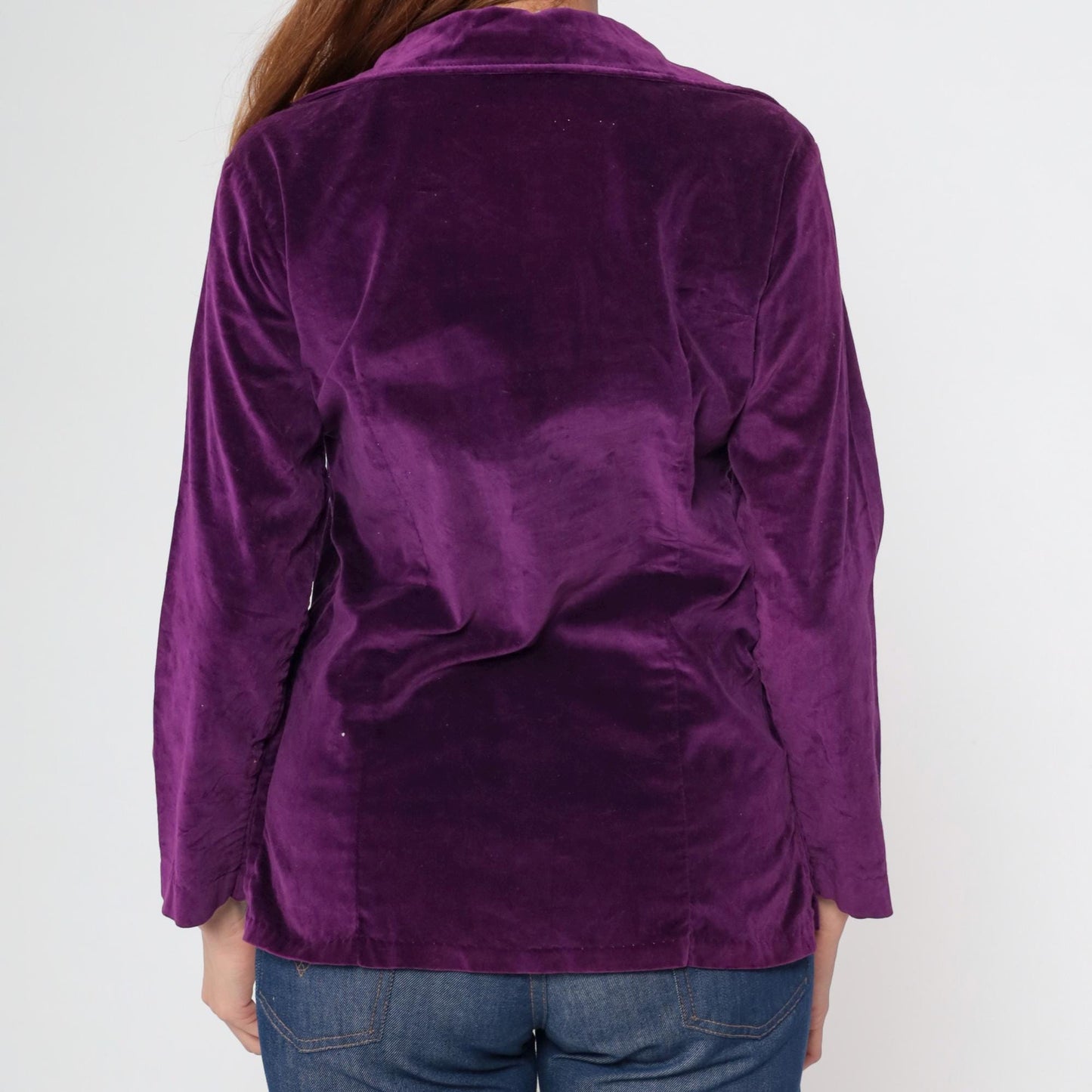 70s Purple Velvet Blouse V Neck Long Sleeve Silver Buttons Medium M