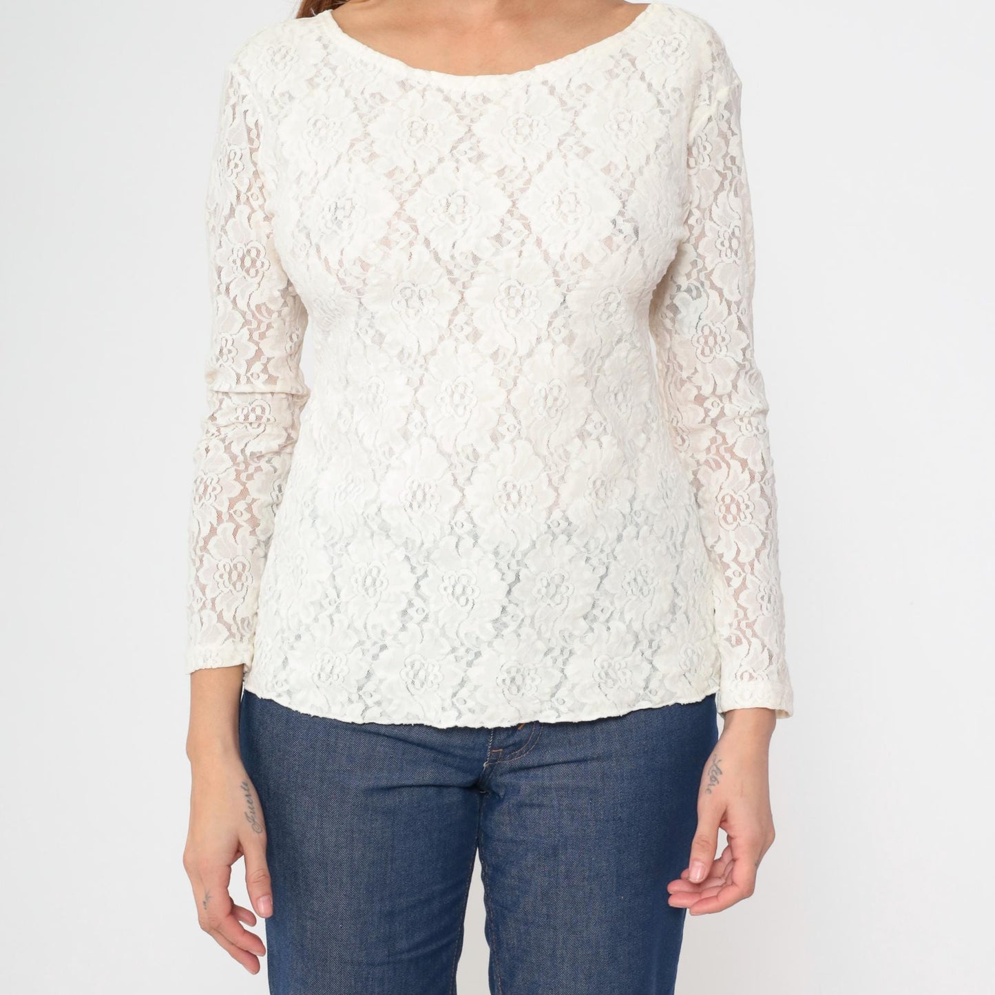 80s White Floral Lace Sheer Blouse U-Neck Long Sleeve Medium