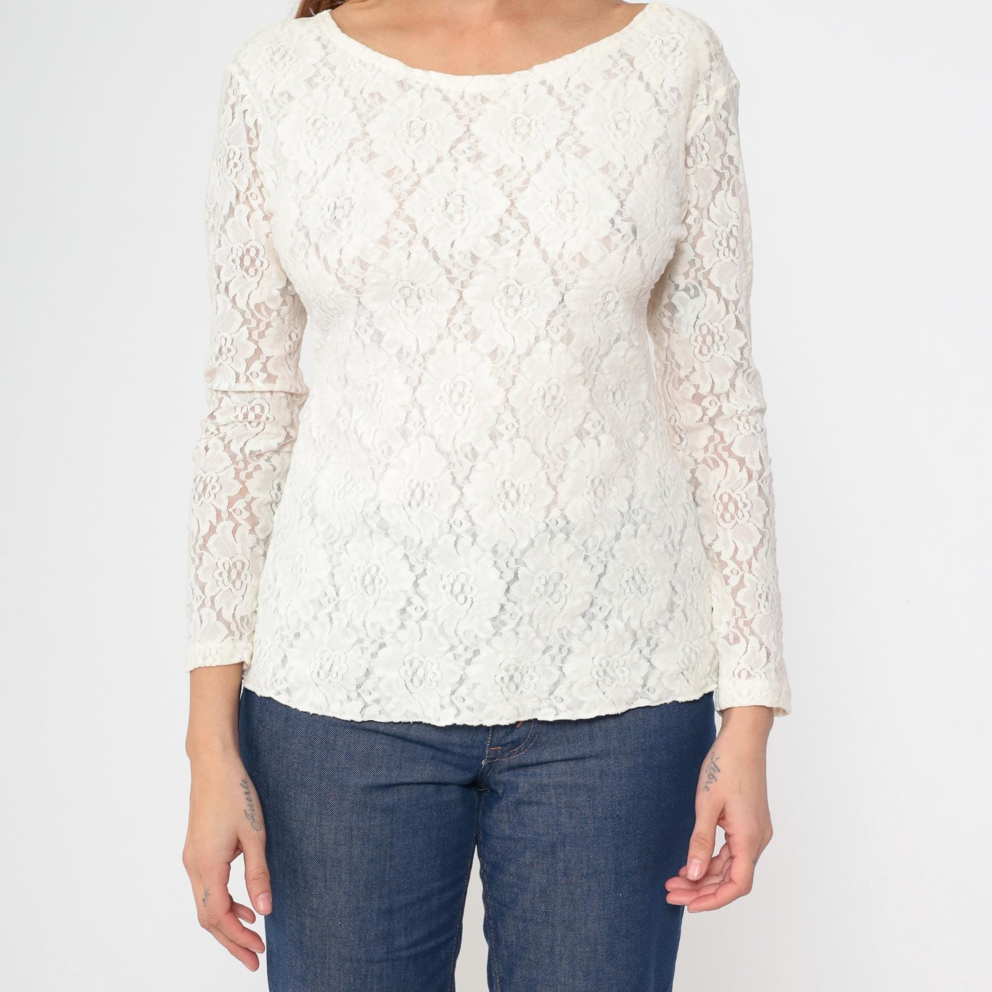 80s White Floral Lace Sheer Blouse U-Neck Long Sleeve Medium