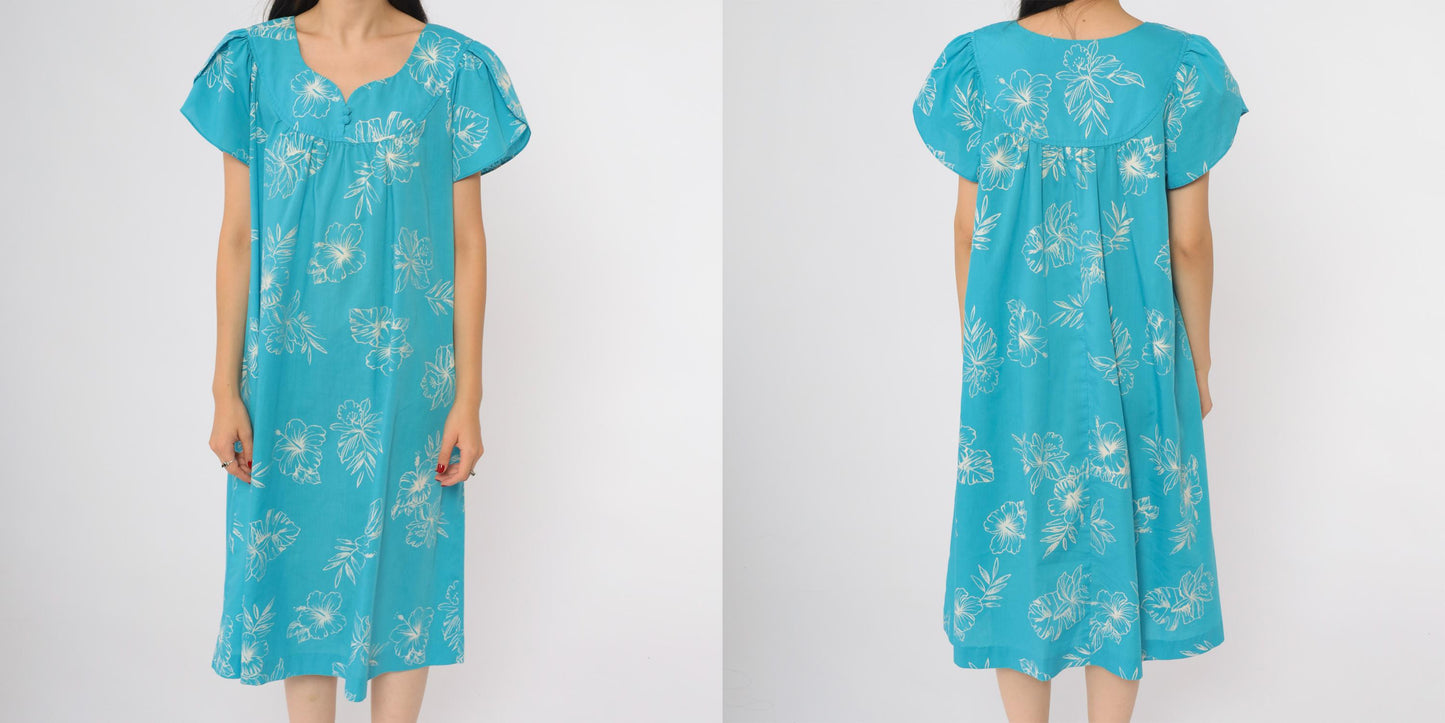 80s Turquoise Hibiscus Floral Midi Dress Scoop Neck Short Sleeve Loungewear Medium Large