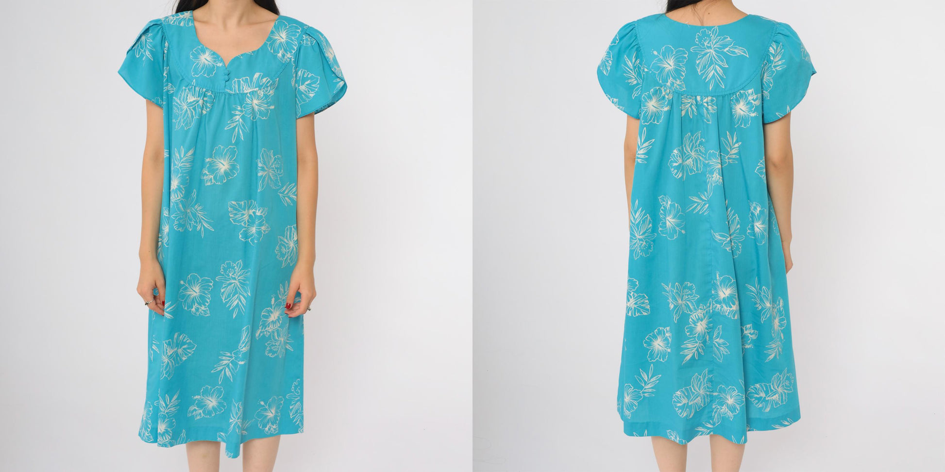 80s Turquoise Hibiscus Floral Midi Dress Scoop Neck Short Sleeve Loungewear Medium Large