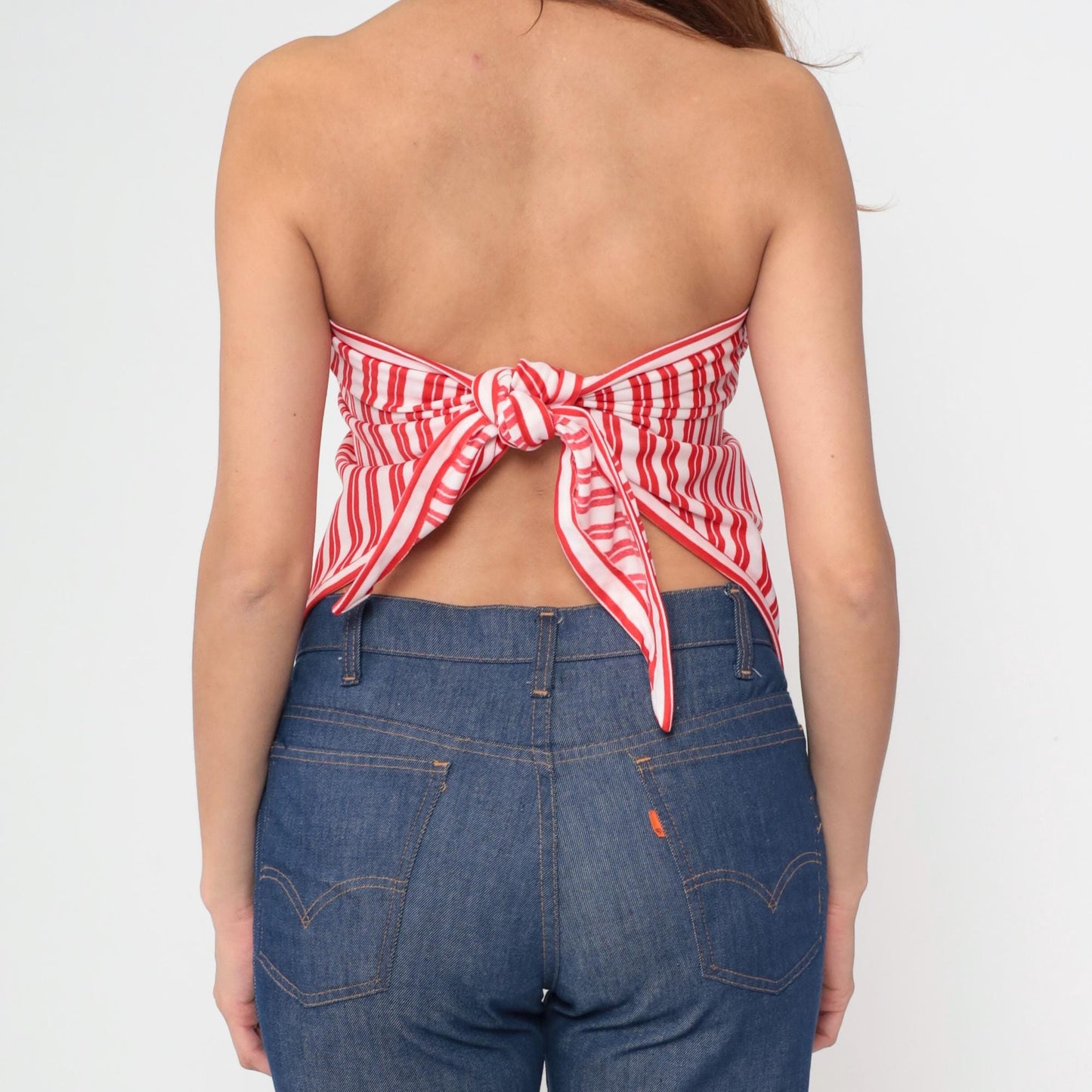 70s Red White Striped Bandana Halter Top Triangle Tie-Back One Size