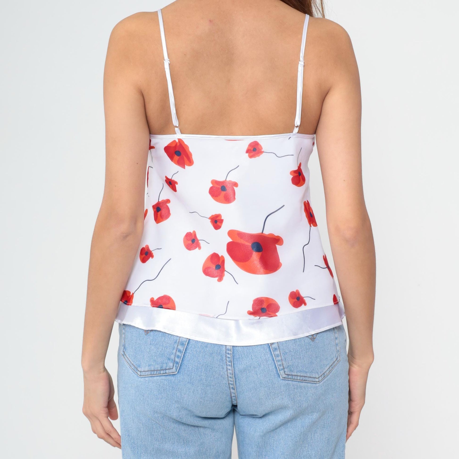 Y2K Red Poppy Floral Camisole White Spaghetti Strap Wrap Front Medium M