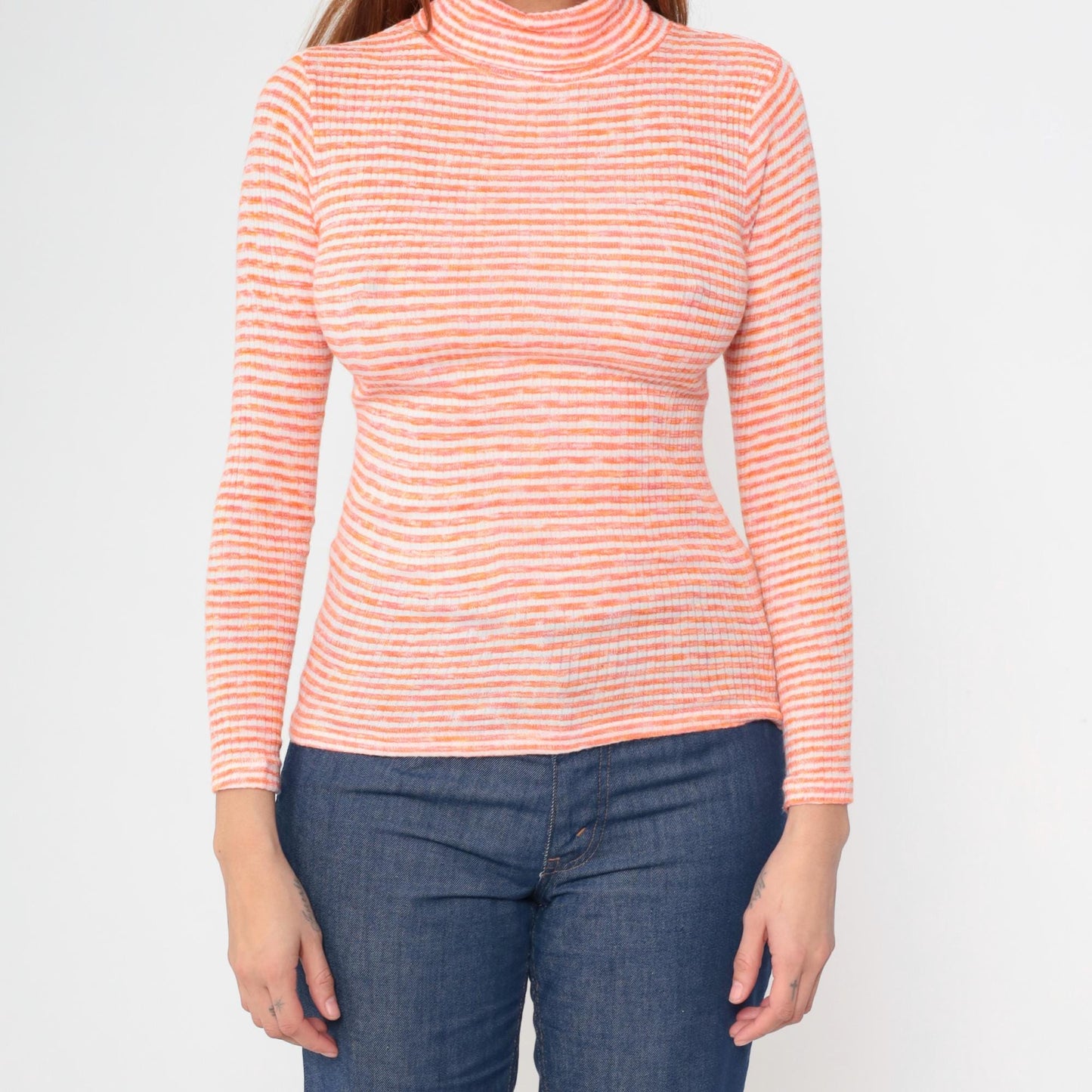 70s Orange White Striped Turtleneck Mock Neck Ribbed Knit Small S
