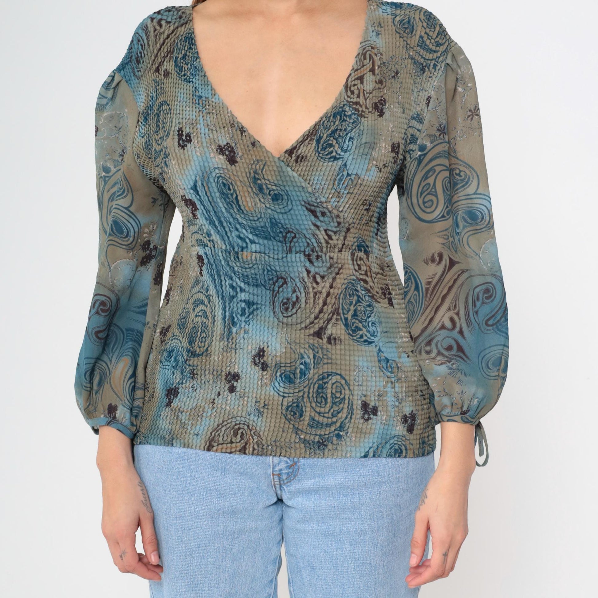 Y2K Nicola Paisley Wrap Top Blue Mixed Print Tie Sleeve Medium M