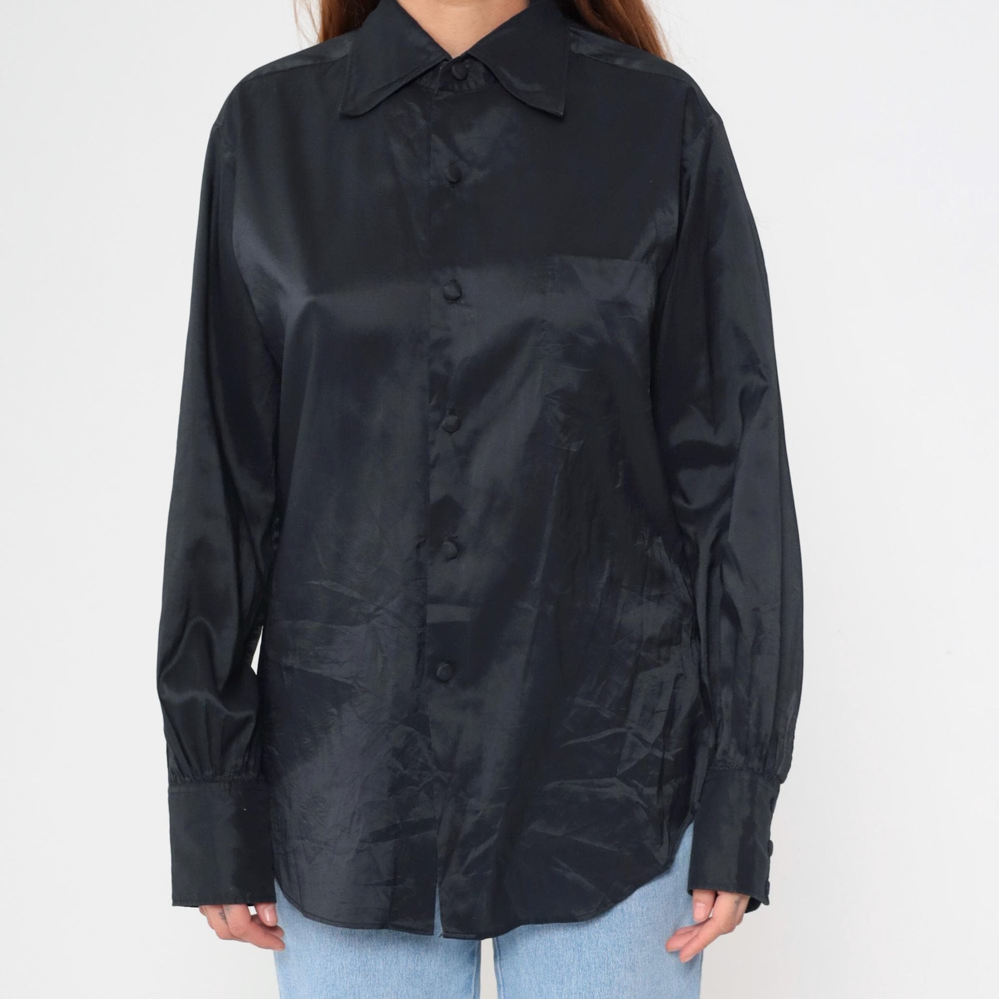 70s Elson Black Button-Up Shirt Pointed Collar Long Sleeve Medium M