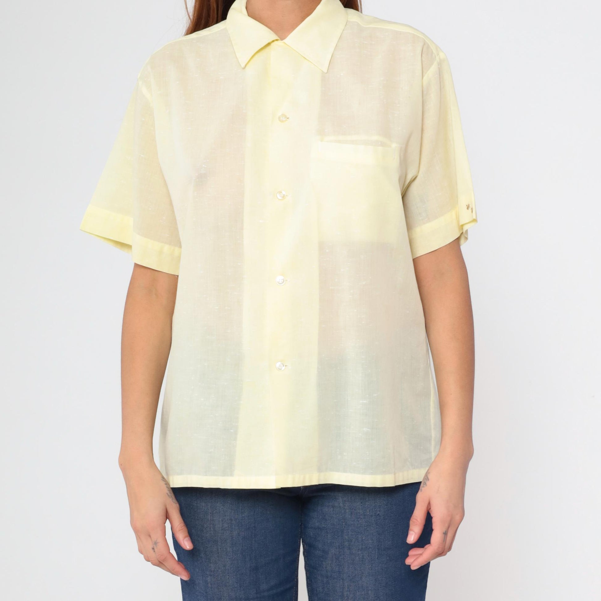 70s Yellow Dagger Collar Button-Up Shirt Short Sleeve Chest Pocket Medium M
