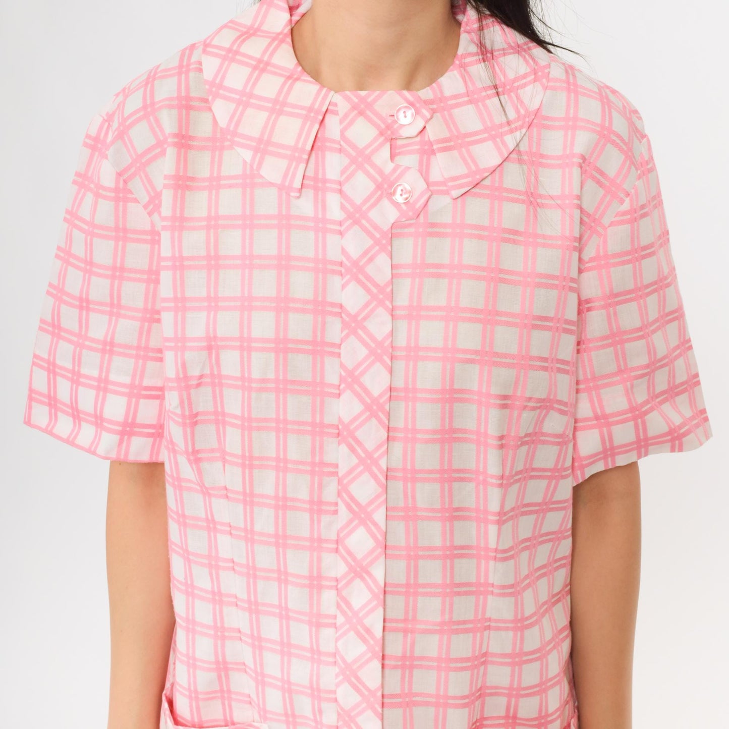 1960s Pink Plaid Shift Dress Peter Pan Collar Button Front Large L