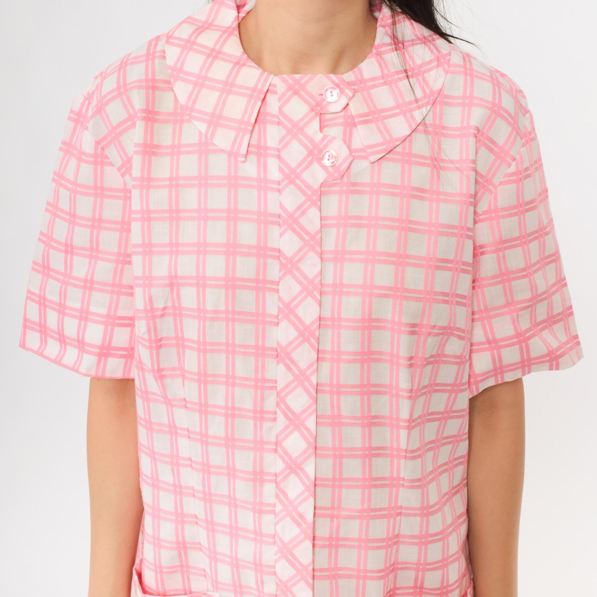 1960s Pink Plaid Shift Dress Peter Pan Collar Button Front Large L