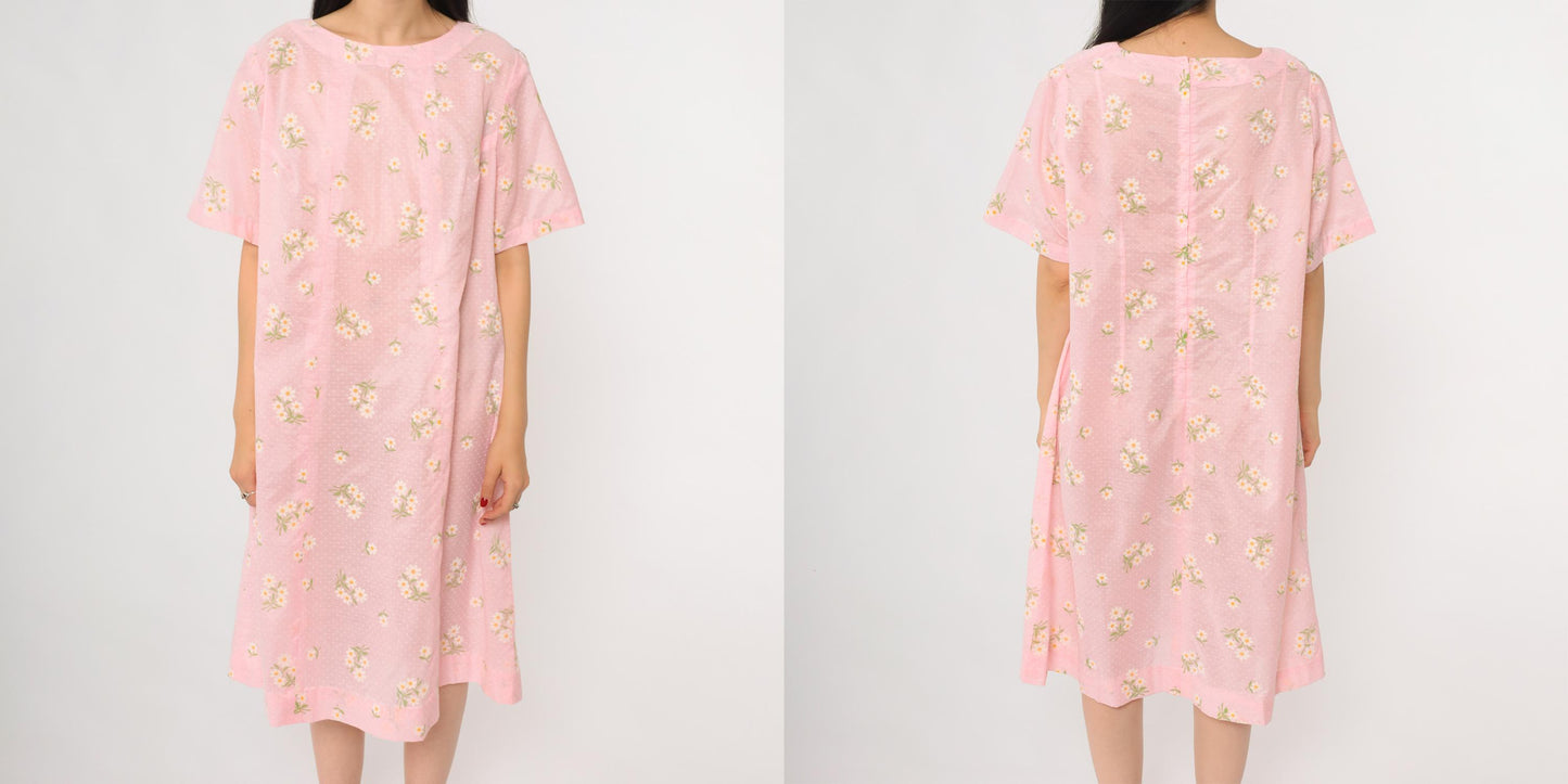 70s Pink Daisy Floral Midi Dress Short Sleeve Pullover Cotton Large