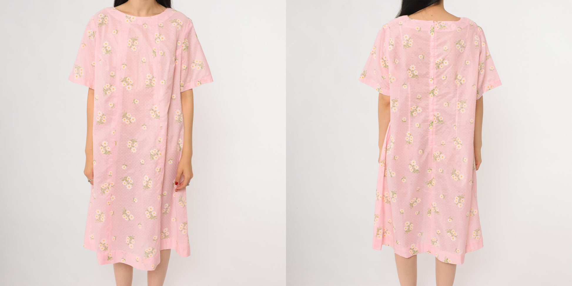 70s Pink Daisy Floral Midi Dress Short Sleeve Pullover Cotton Large