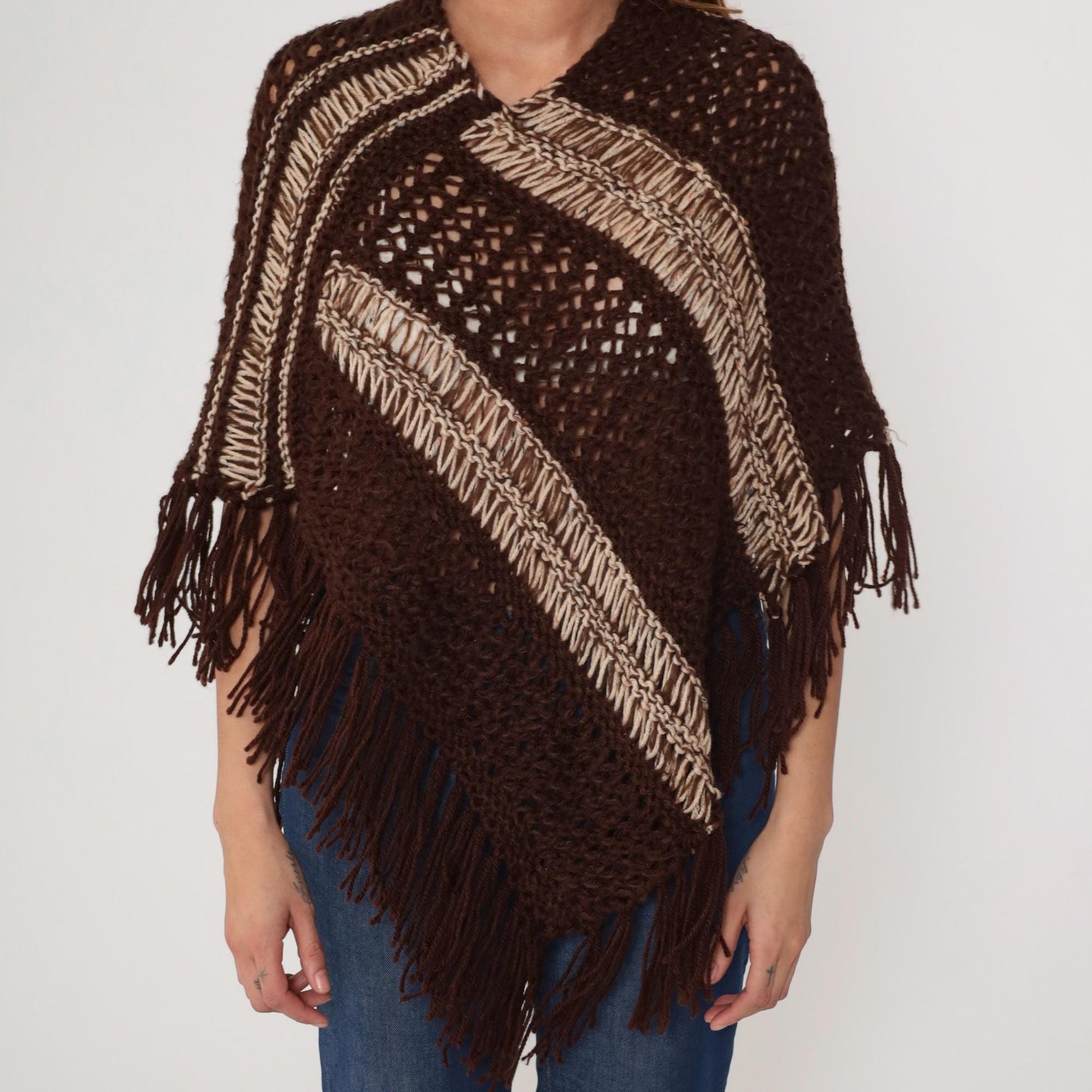 1970s Brown Crochet Poncho Fringe Geometric Stripe Knit Small Medium