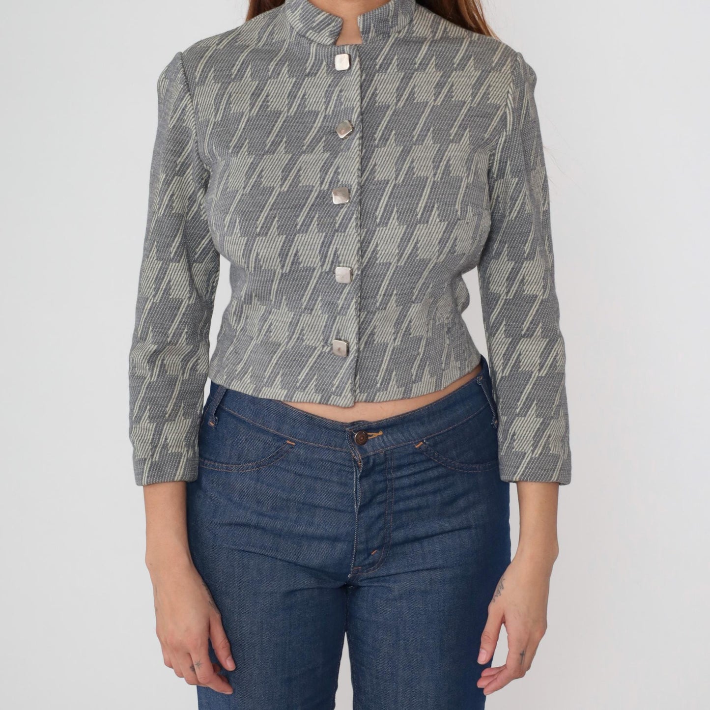 1960s Grey Houndstooth Cropped Jacket Button Front Stand Collar Small S