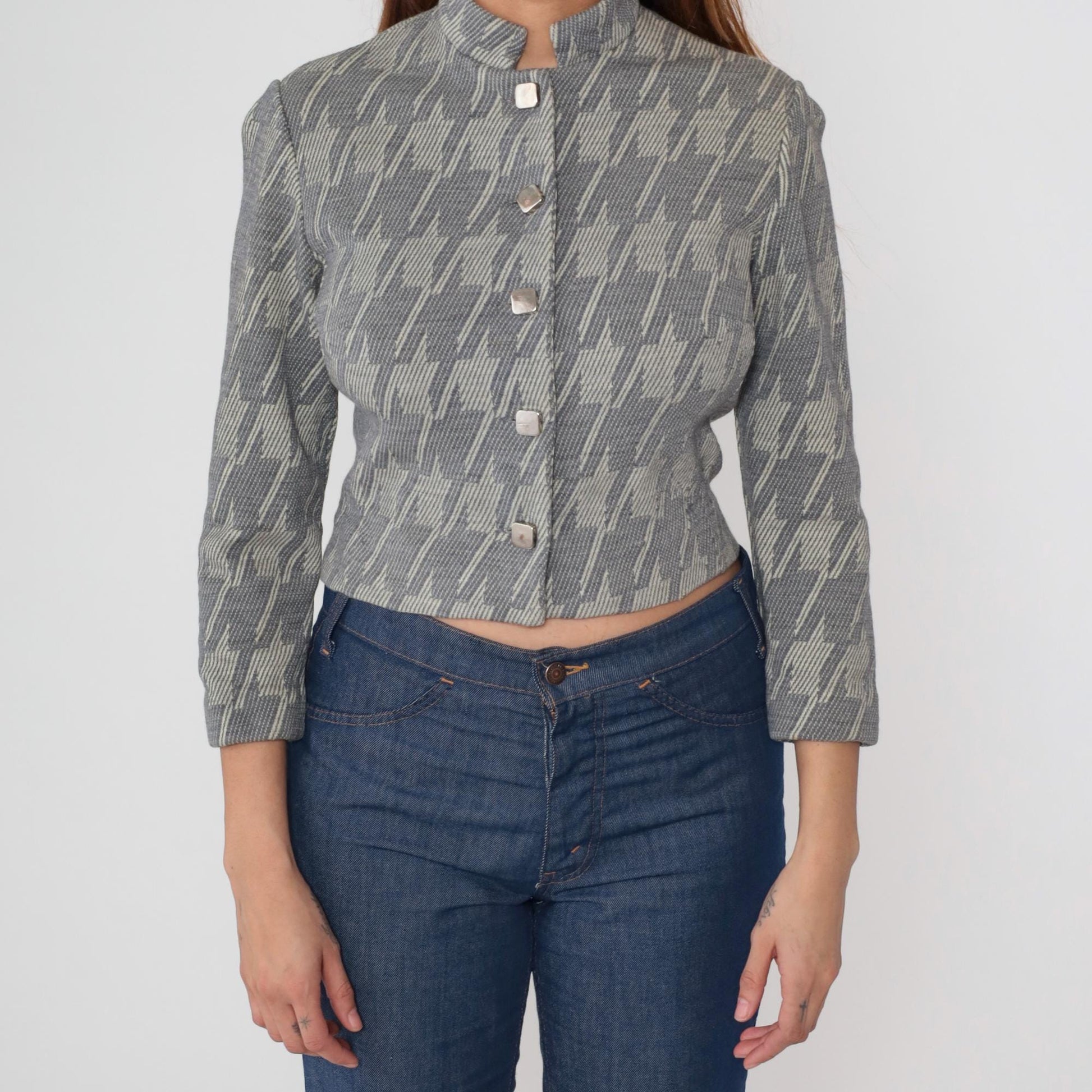 1960s Grey Houndstooth Cropped Jacket Button Front Stand Collar Small S