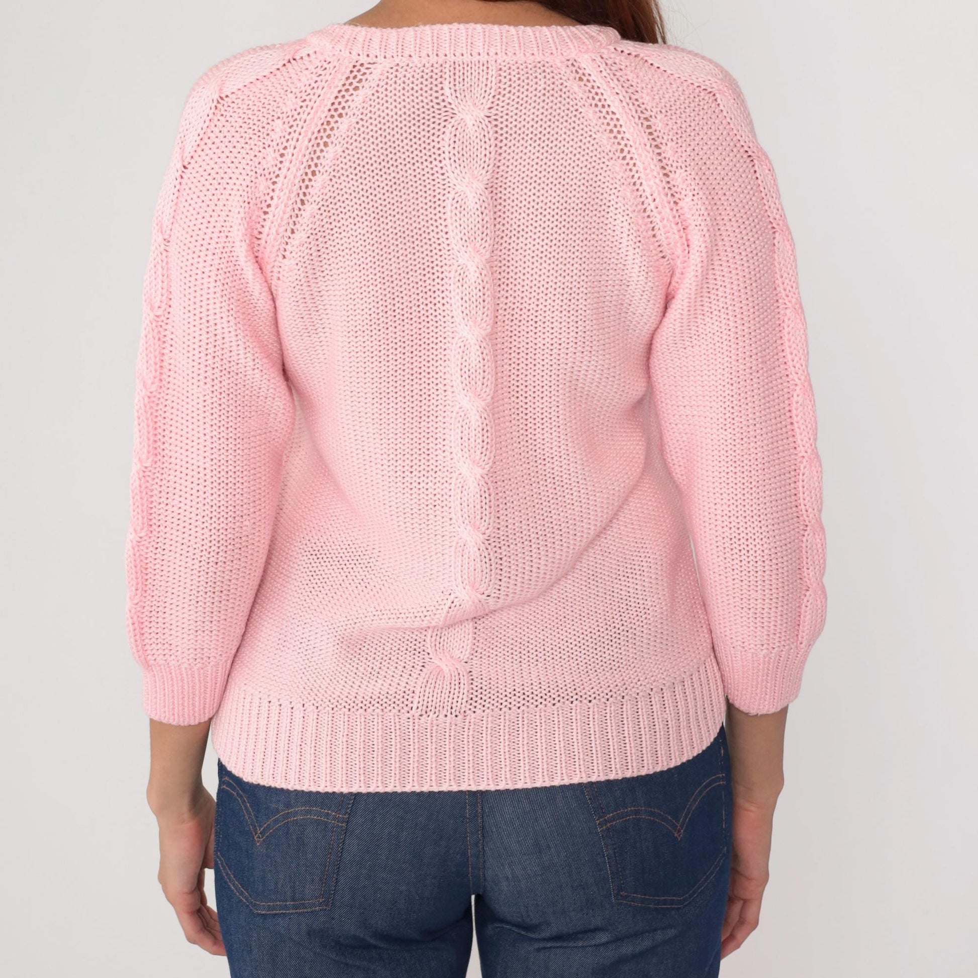 80s Pink Cable Knit V-Neck Pullover Sweater Medium