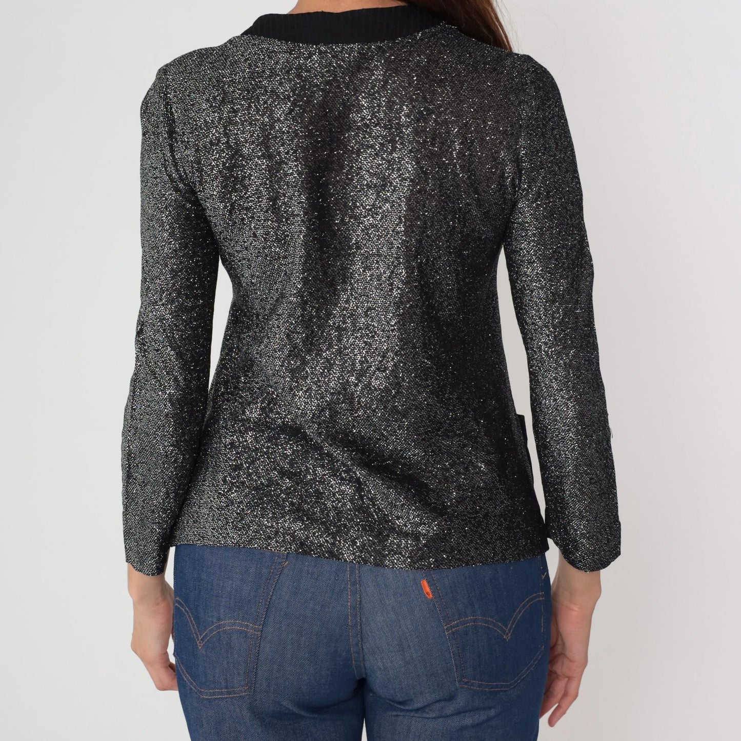 70s Black Silver Lurex Cardigan Deep V Button Front Metallic Knit Medium