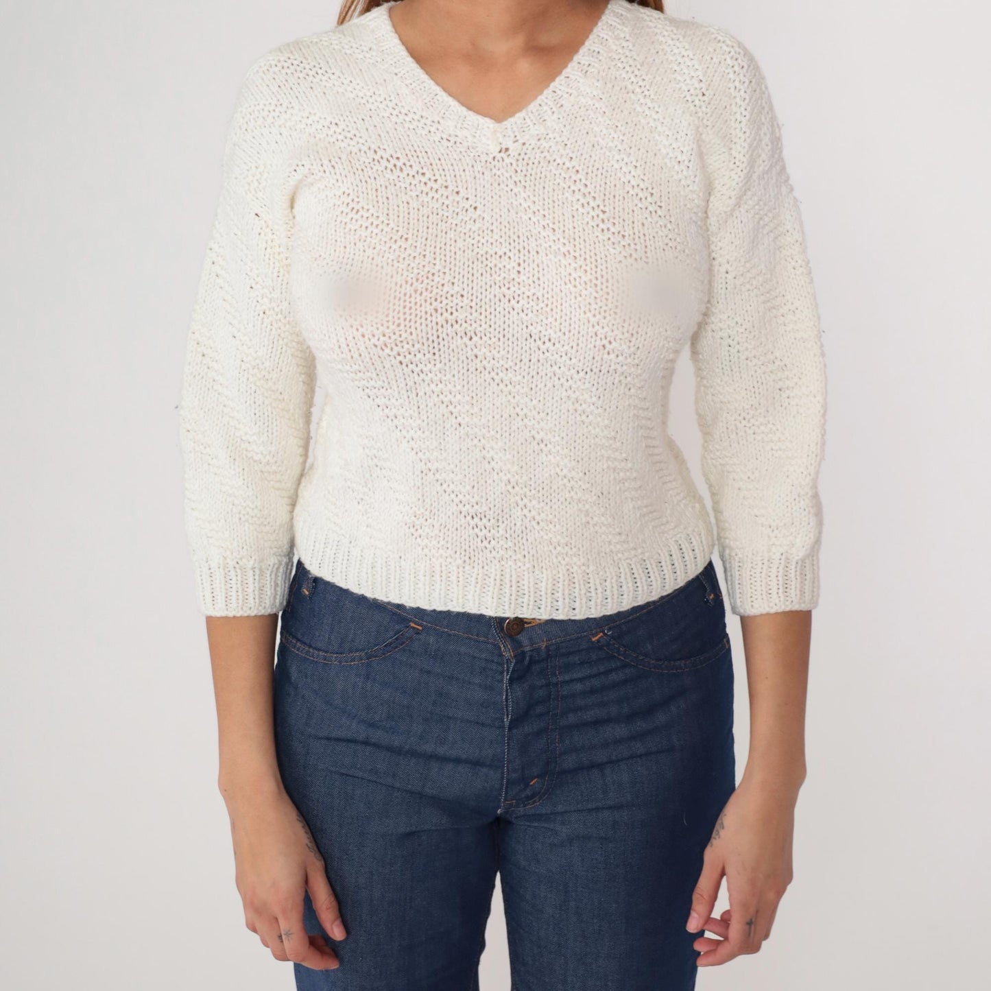 80s Cream V-Neck Cropped Sweater Three-Quarter Sleeve Knit Extra Small XS