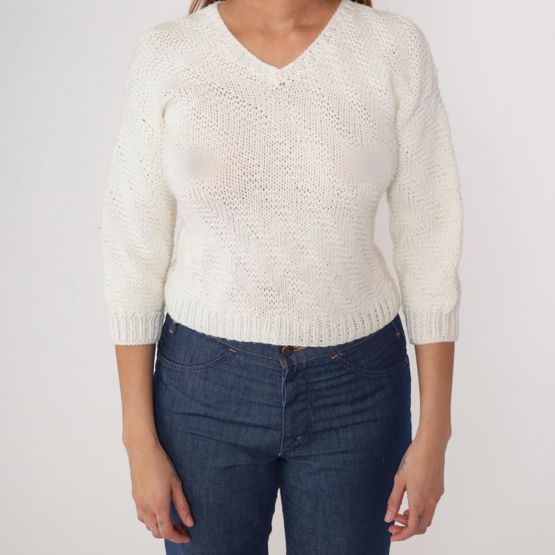 80s Cream V-Neck Cropped Sweater Three-Quarter Sleeve Knit Extra Small XS