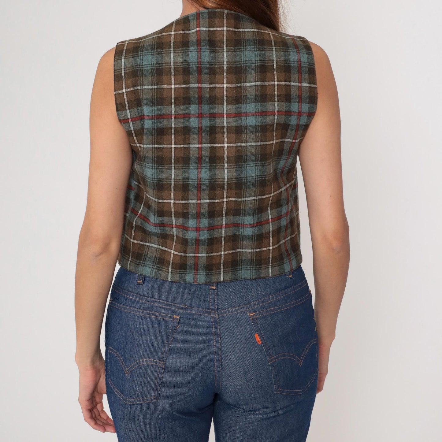 70s Plaid Reversible Vest Brown Blue Cream Tartan Waistcoat Medium