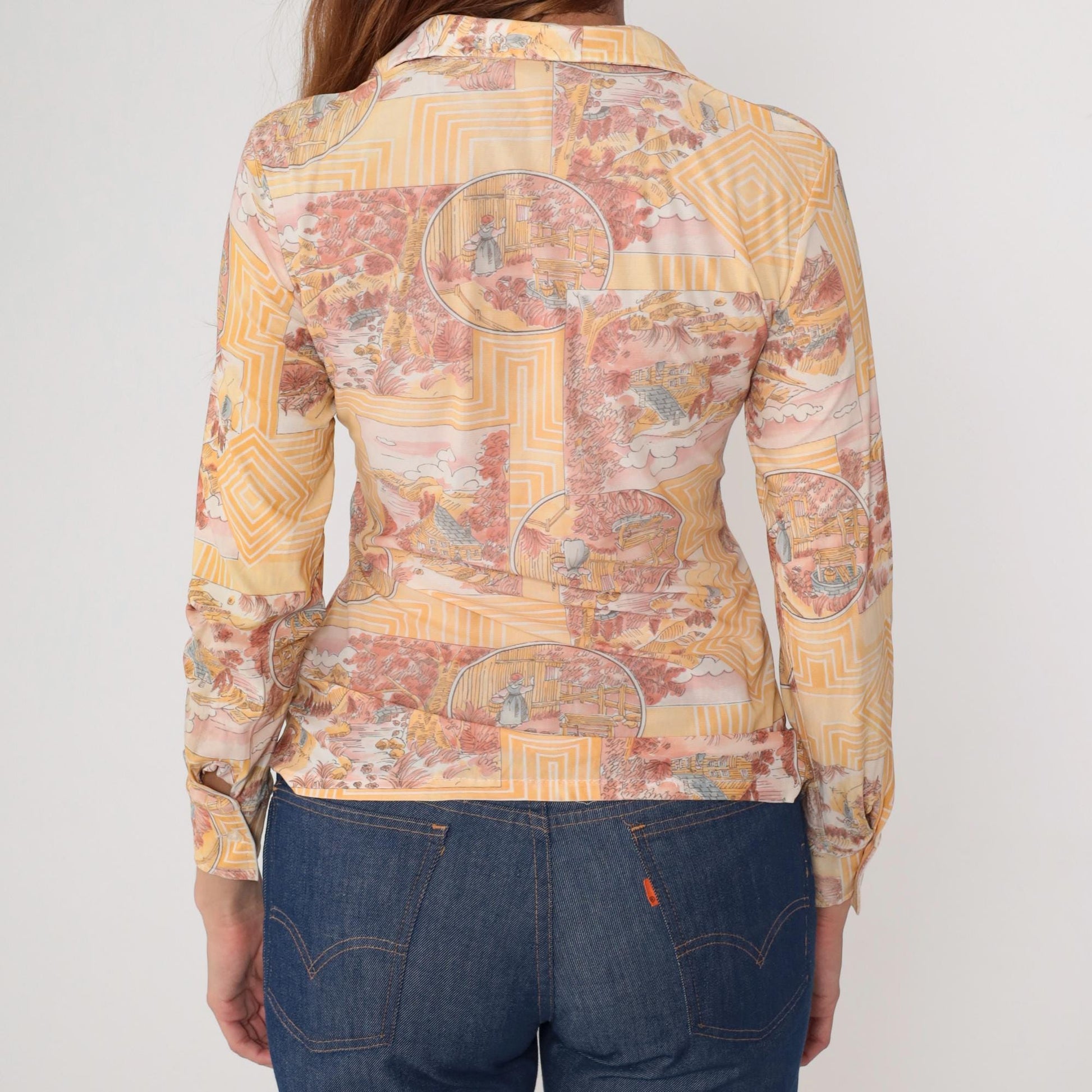 70s Scenic Toile Button-Up Shirt Orange Pink Pastoral Print Small S