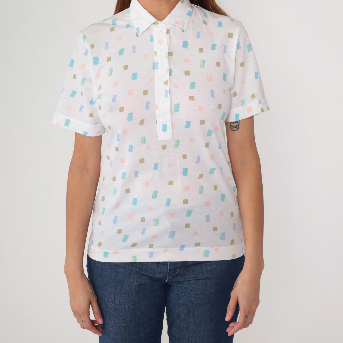 80s Leon Levin Polo Shirt White Geometric Pastel Collared Small S