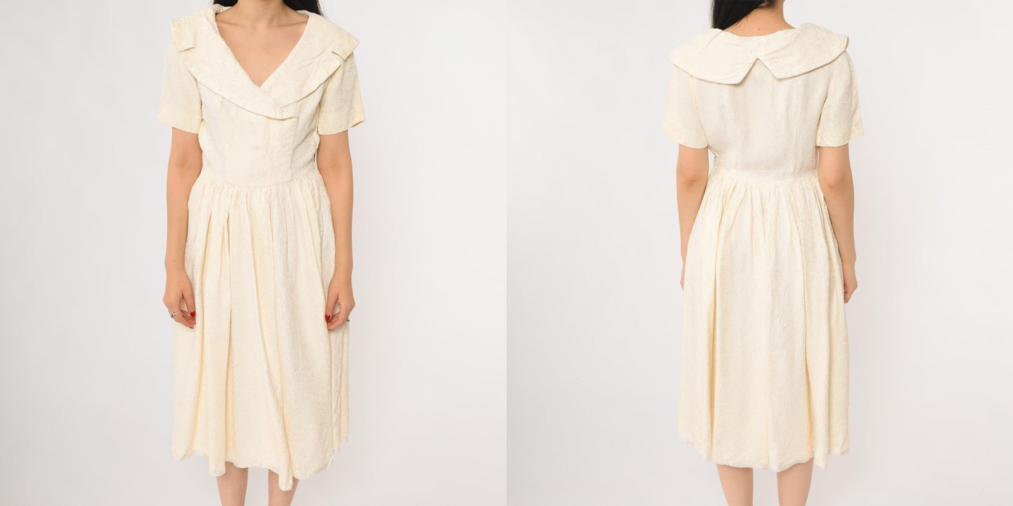 1950s Cream Sailor Collar Midi Dress Jacquard Small Medium