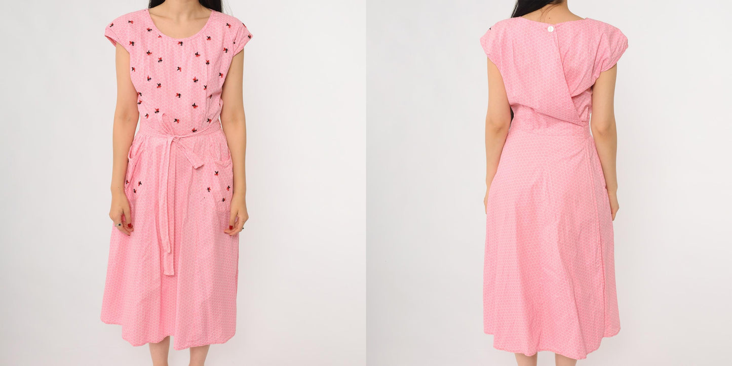 70s Bee Honeycomb Print Wrap Dress Pink Embroidered Cap Sleeve Midi Medium Large