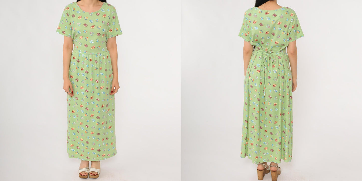 90s Sage Green Maxi Dress Flip Flop Novelty Print Cotton Scoop Neck Large L