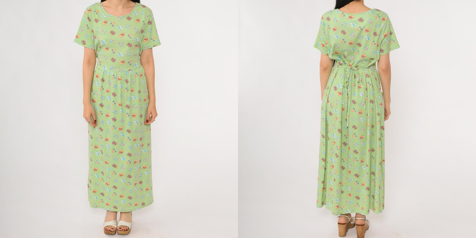 90s Sage Green Maxi Dress Flip Flop Novelty Print Cotton Scoop Neck Large L