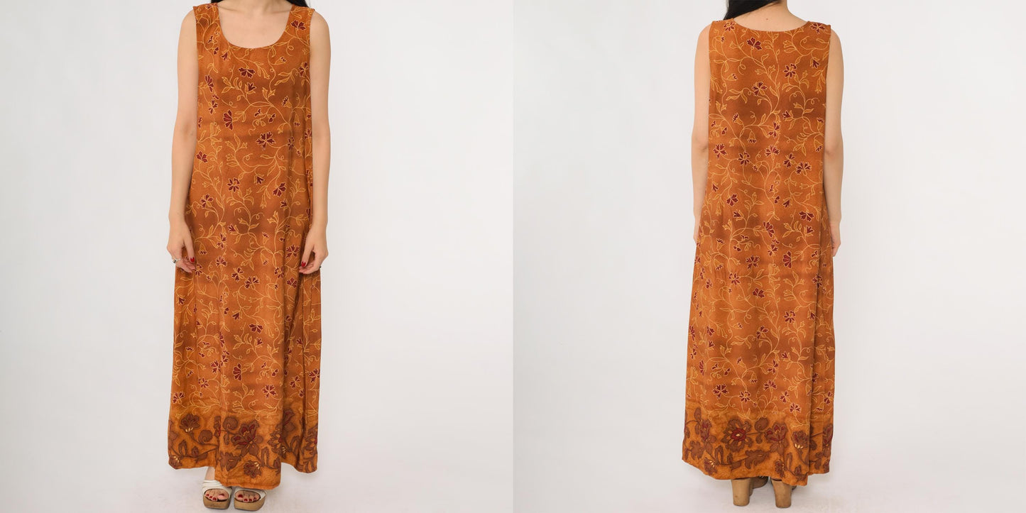 90s Burnt Sienna Floral Maxi Dress Sleeveless Tank Scoop Neck Large L