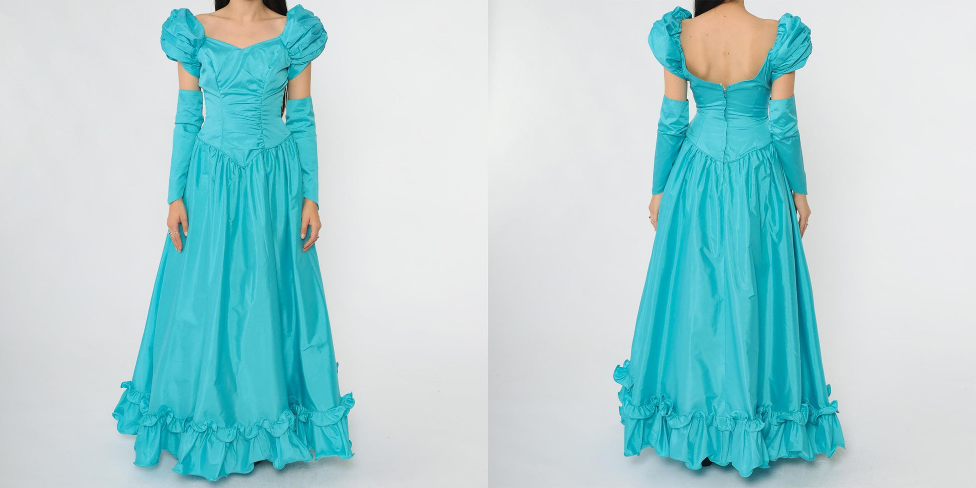 80s Turquoise Ball Gown Puff Sleeve Off-Shoulder Sweetheart Neckline Extra Small XS