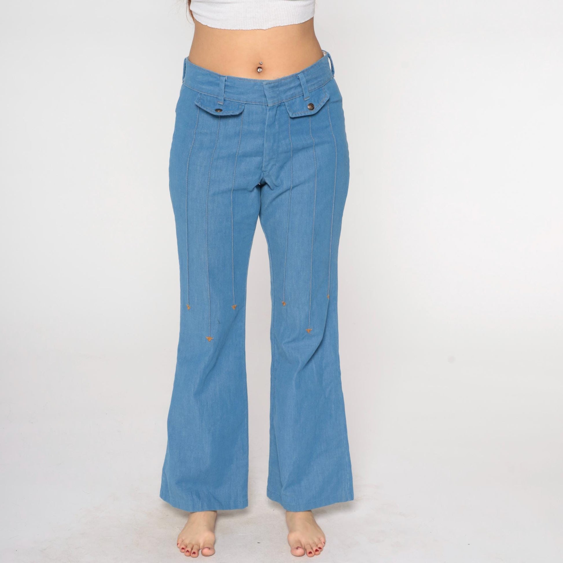 70s Sears Light Blue Flare Jeans High Waist Bell Bottom Denim 33x32