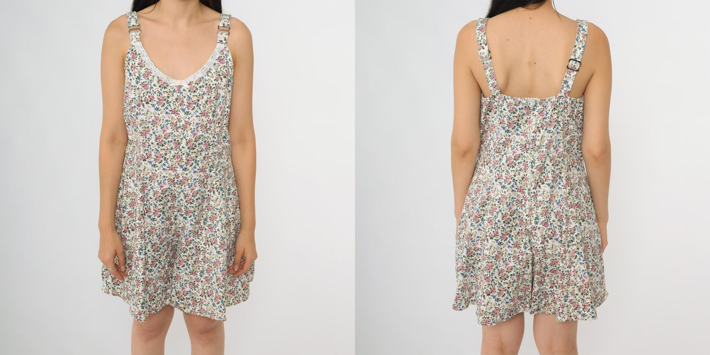 90s Stefano International White Floral Mini Romper Tank V-Neck Lace Trim Medium