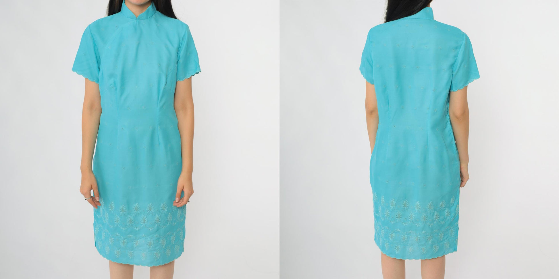 60s Turquoise Shift Dress Mandarin Collar Embroidered Eyelet Mini Large L