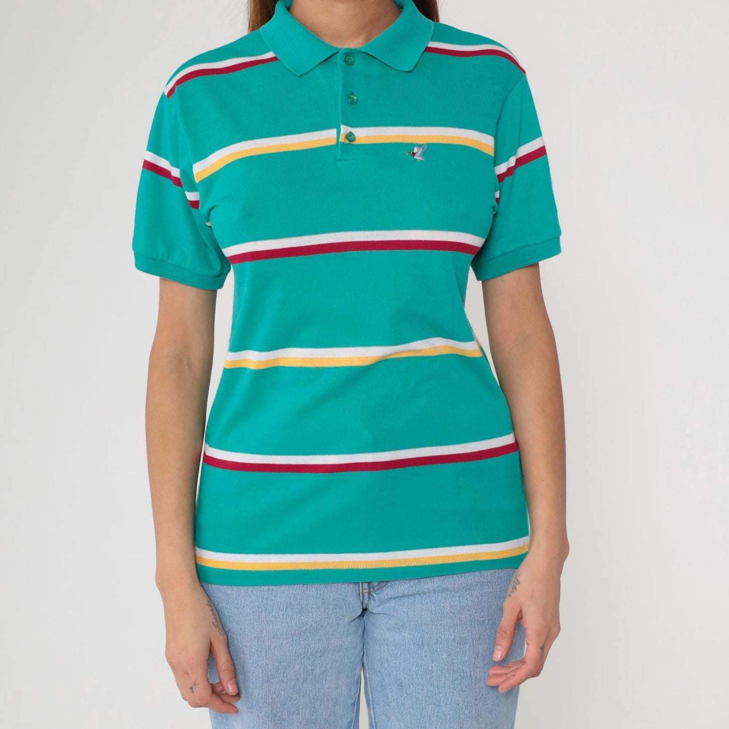 80s Green Striped Polo Shirt Duck Crest Embroidered Collared Large L
