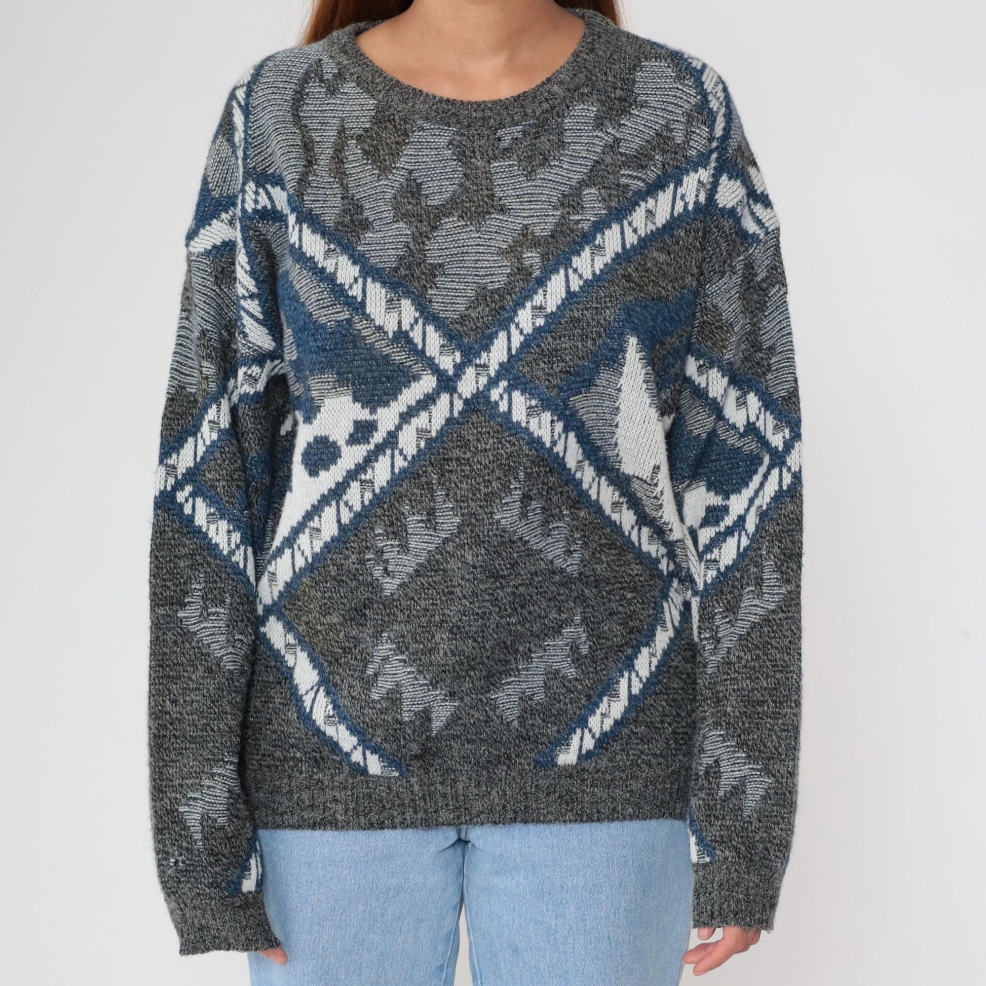 80s Geometric Sweater Crewneck Knit Grey Blue Southwestern Diamond Pattern Large L