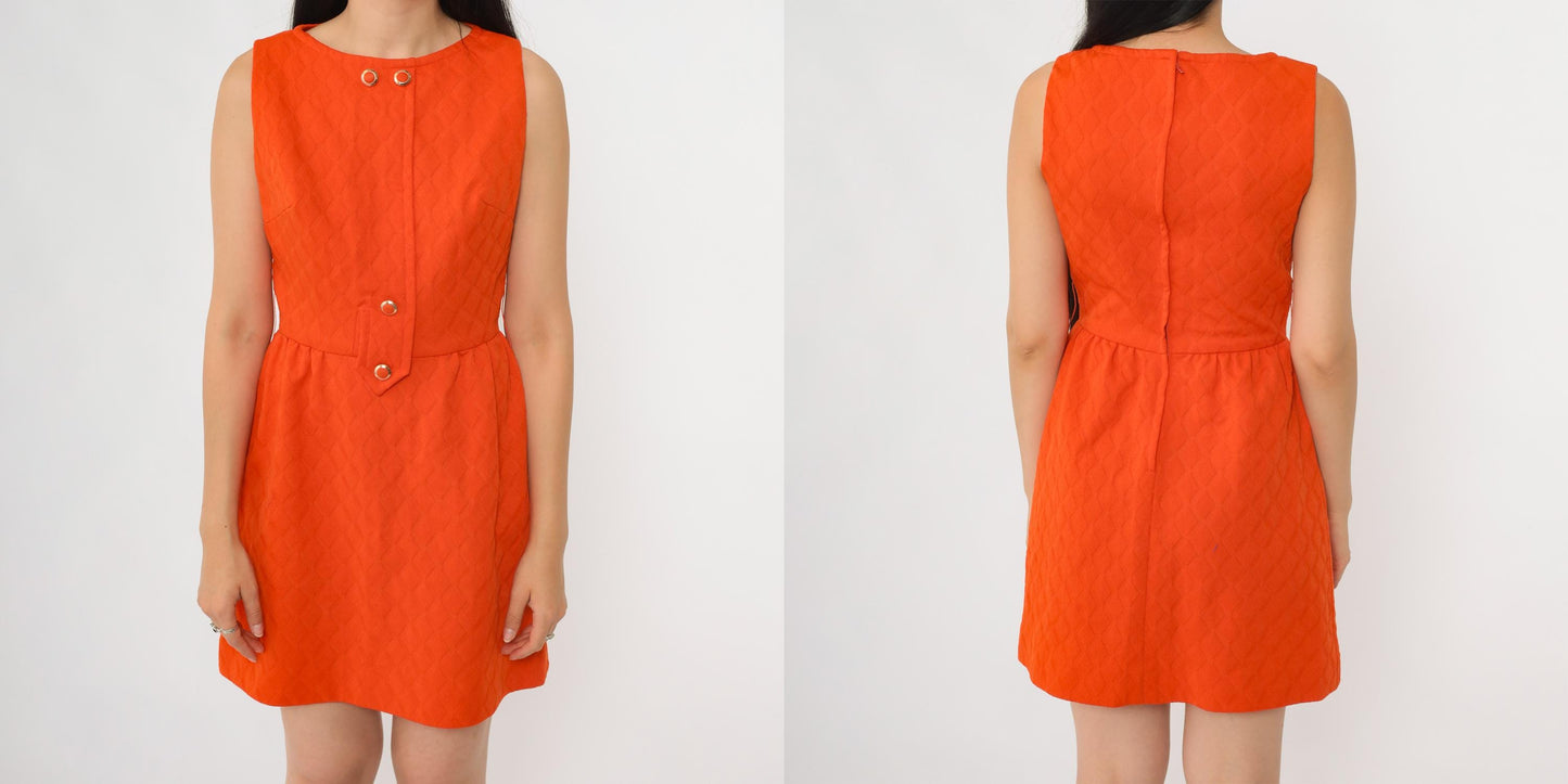 60s Orange Mod Mini Shift Dress A n R Jr Gold Button XS