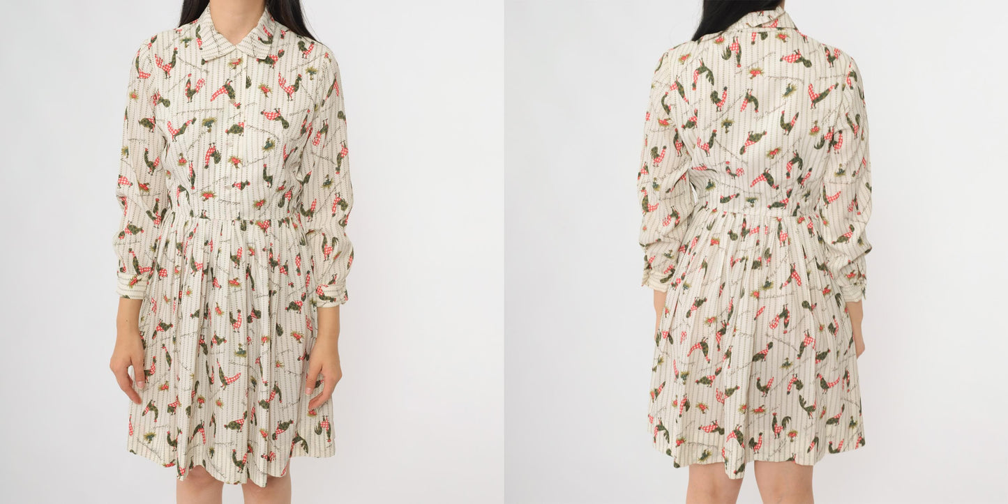 60s Rooster Print Cream Dress Peter Pan Collar Button Front Extra Small XS