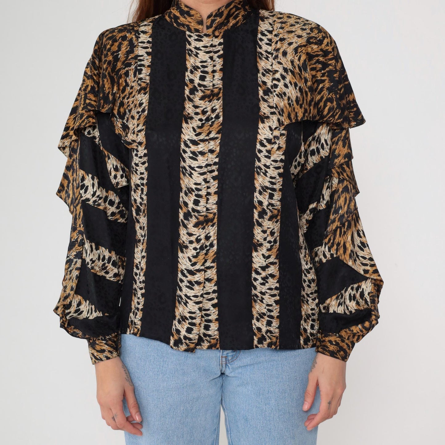 90s Adrianna Papell Silk Blouse Leopard Stripe Ruffle Long Sleeve Medium