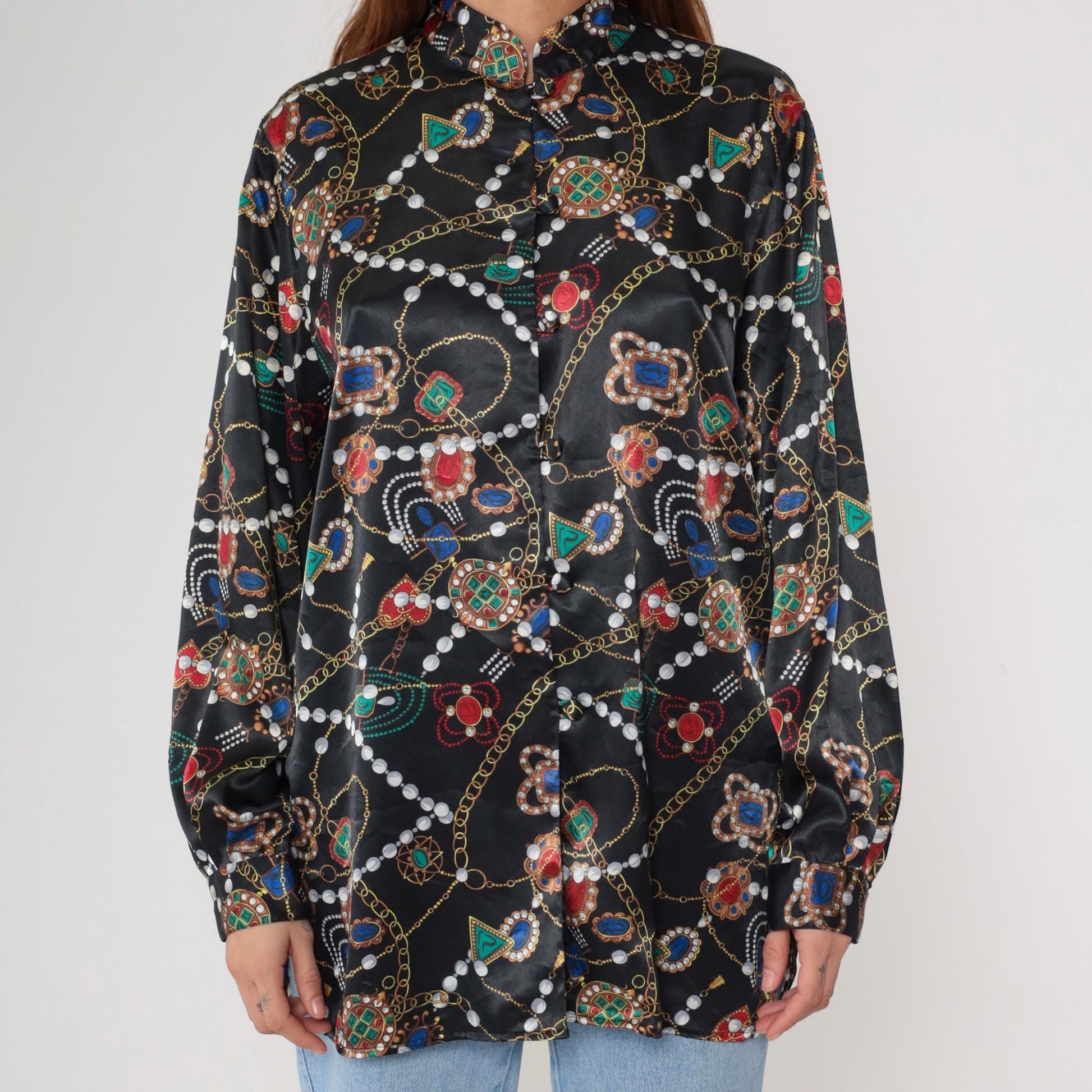 90s Baroque Gemstone Pearl Print Blouse Black Gold Chain Long Sleeve Large L