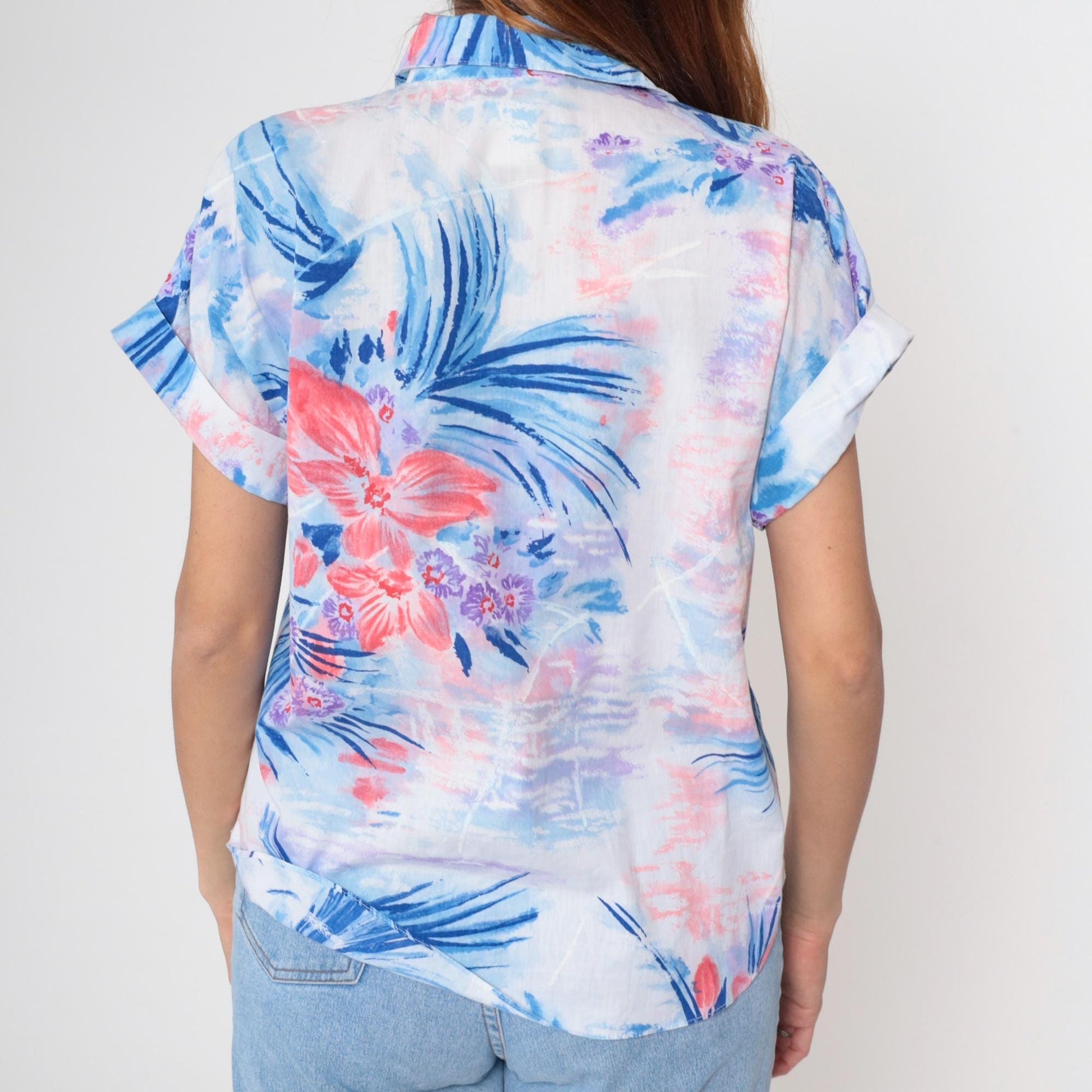 90s Watercolor Floral Button-Up Blouse Short Sleeve Collared Shirt Medium M