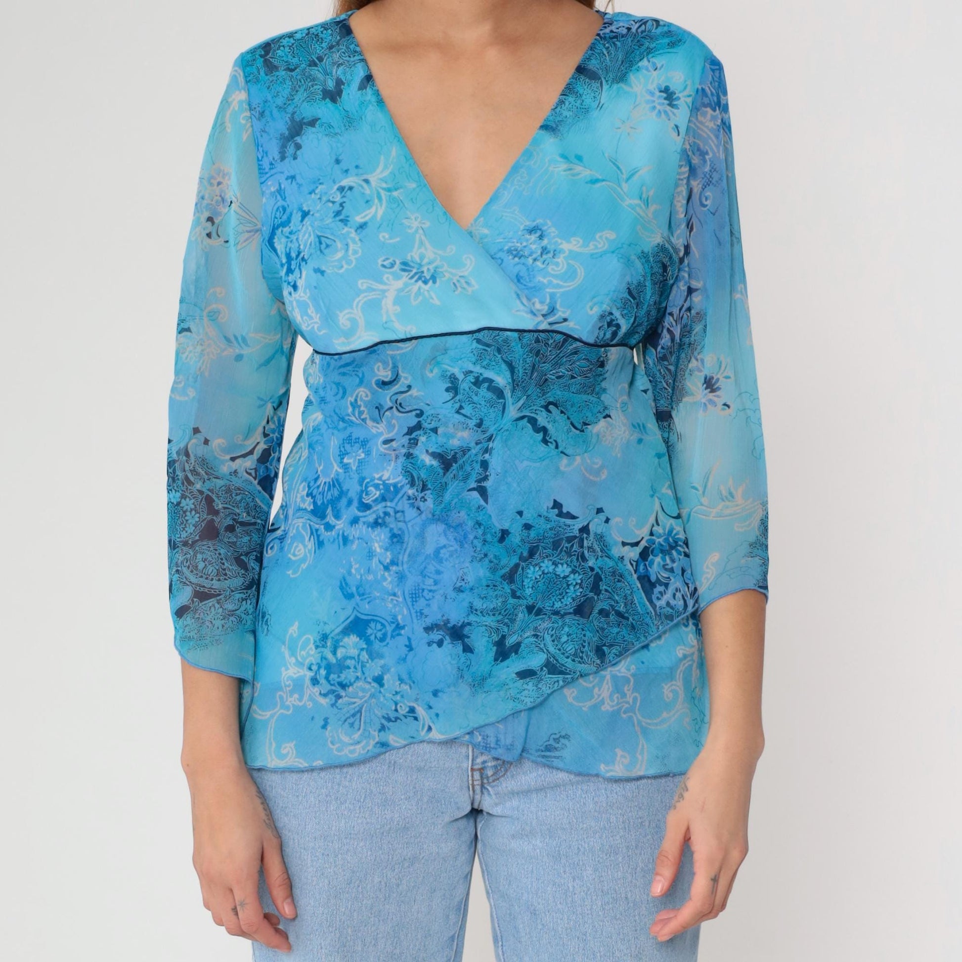 Y2K Dressbarn Wrap Top Blue Paisley Floral V-Neck Three Quarter Sleeve Large L
