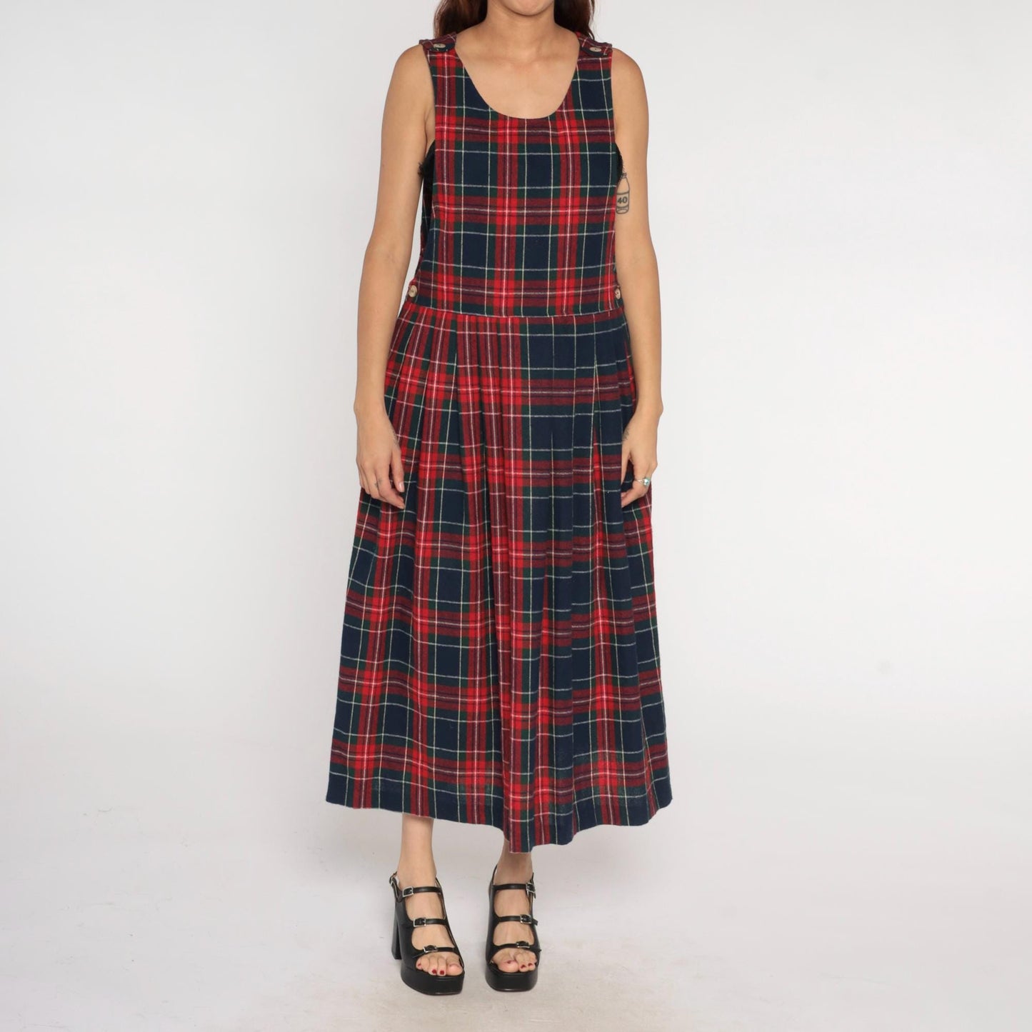 90s Willow Bend Plaid Pinafore Midi Dress Green Red Wool Blend Large