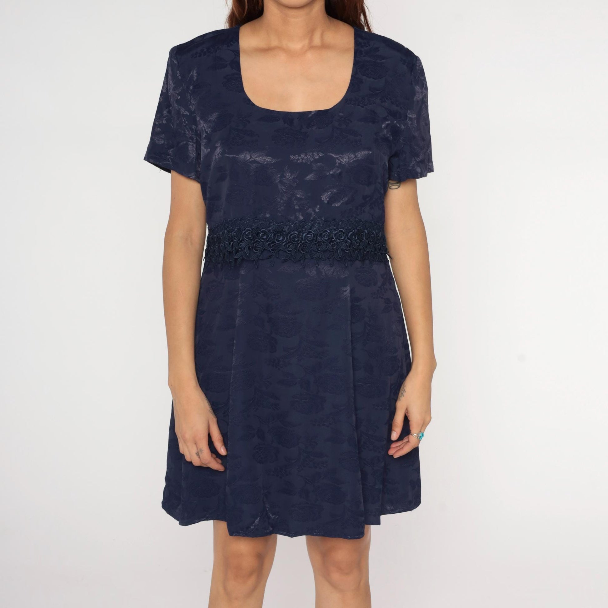 90s Navy Floral Jacquard Dress Short Sleeve Scoop Neck A-Line Lace Trim Large