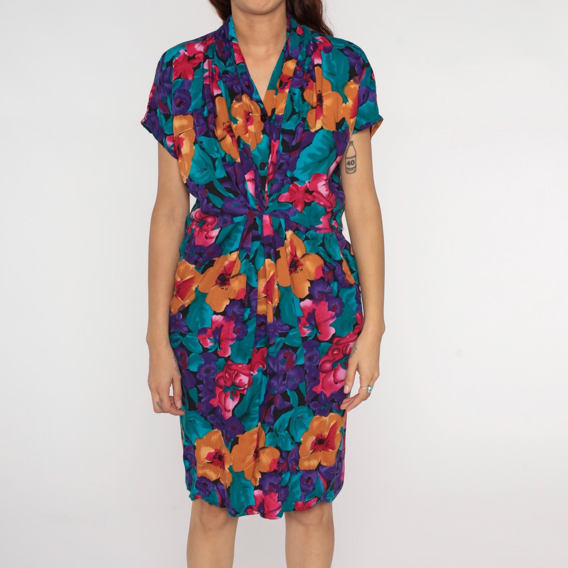90s Tess Dress Tropical Floral Print V-Neck Tie Waist Dress Medium M