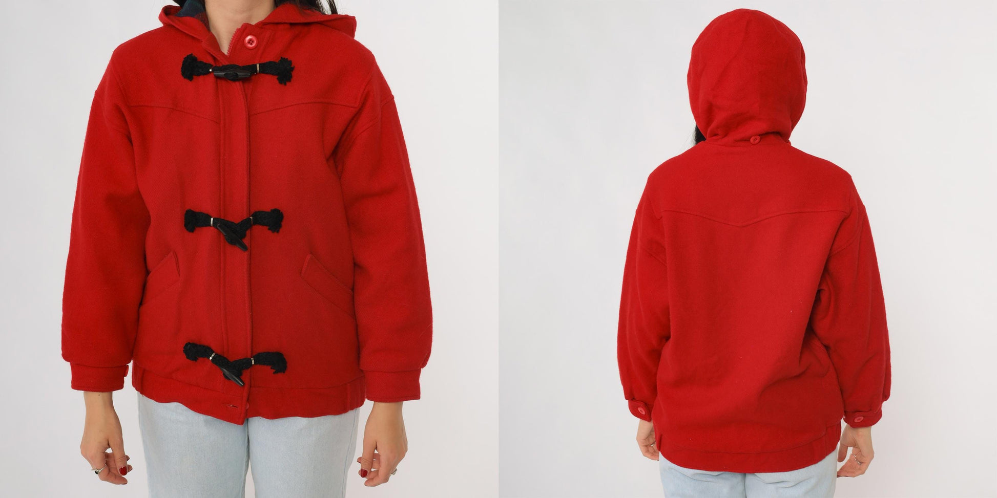 70s Woolrich Red Wool Duffle Coat Hooded Toggle Closures Plaid Lining Small