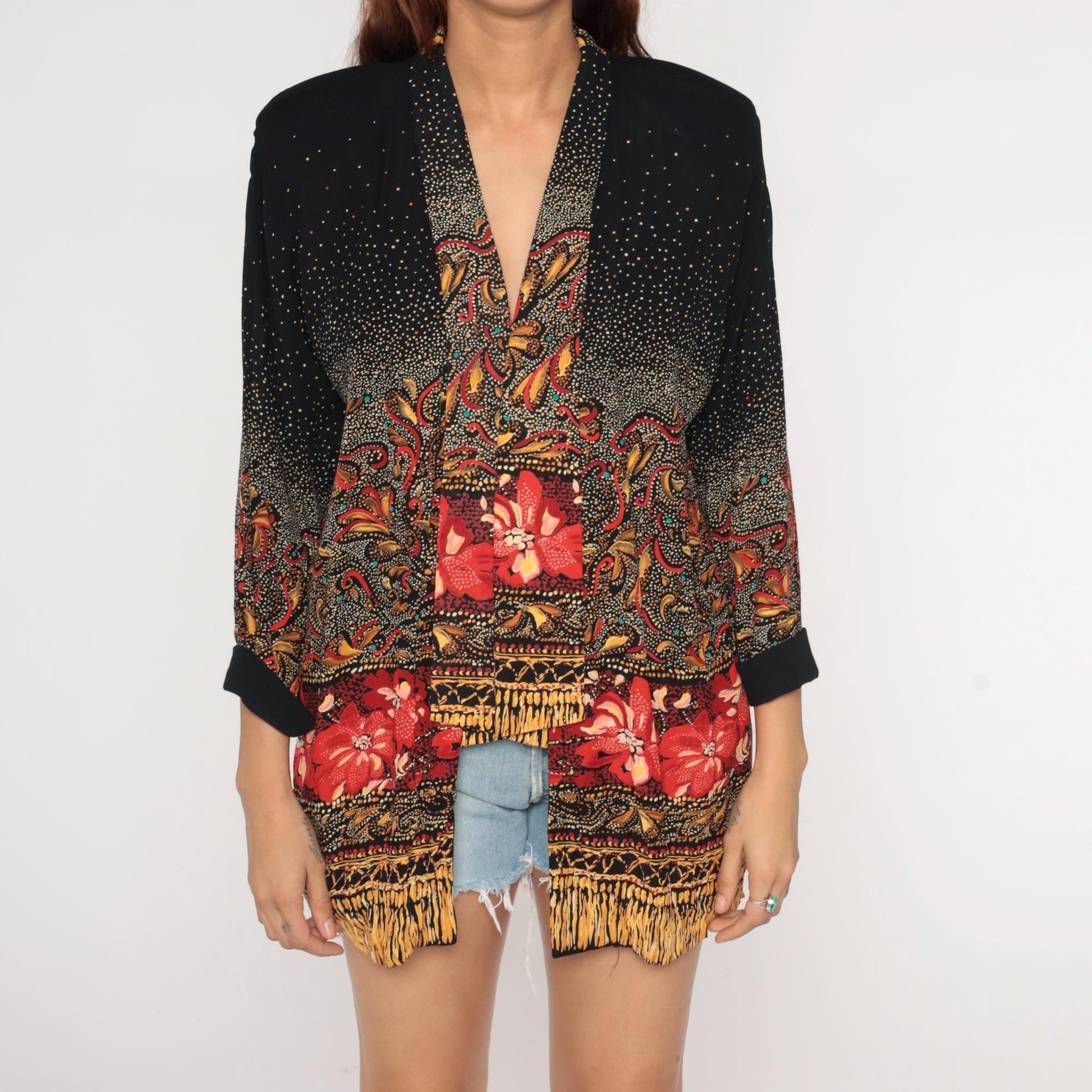 90s Paisley Kimono Cardigan Black Red Gold Floral Open Front Medium M