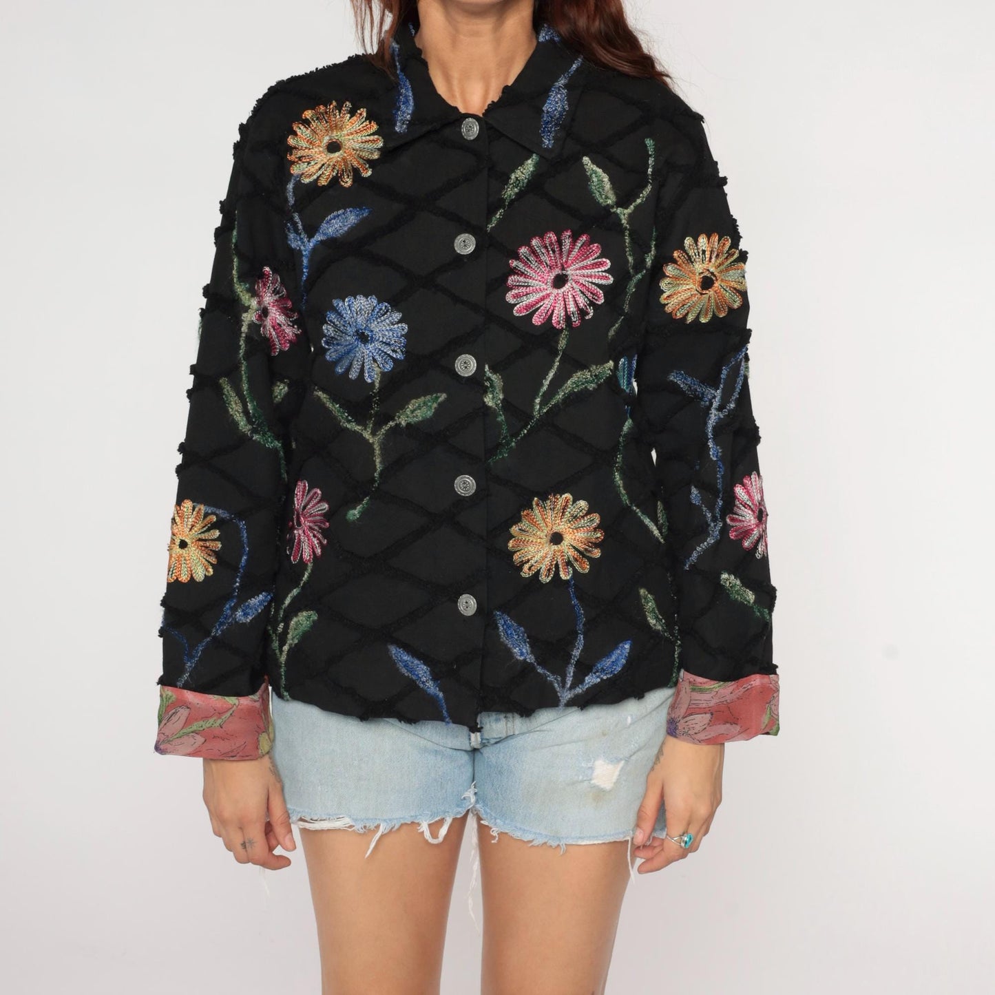 Y2K Black Quilted Cotton Jacket Embroidered Floral Chain Stitch Medium M