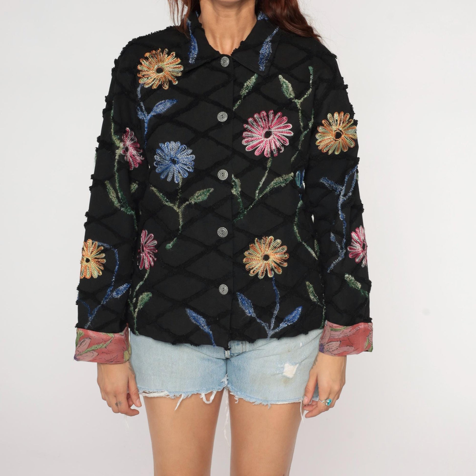 Y2K Black Quilted Cotton Jacket Embroidered Floral Chain Stitch Medium M