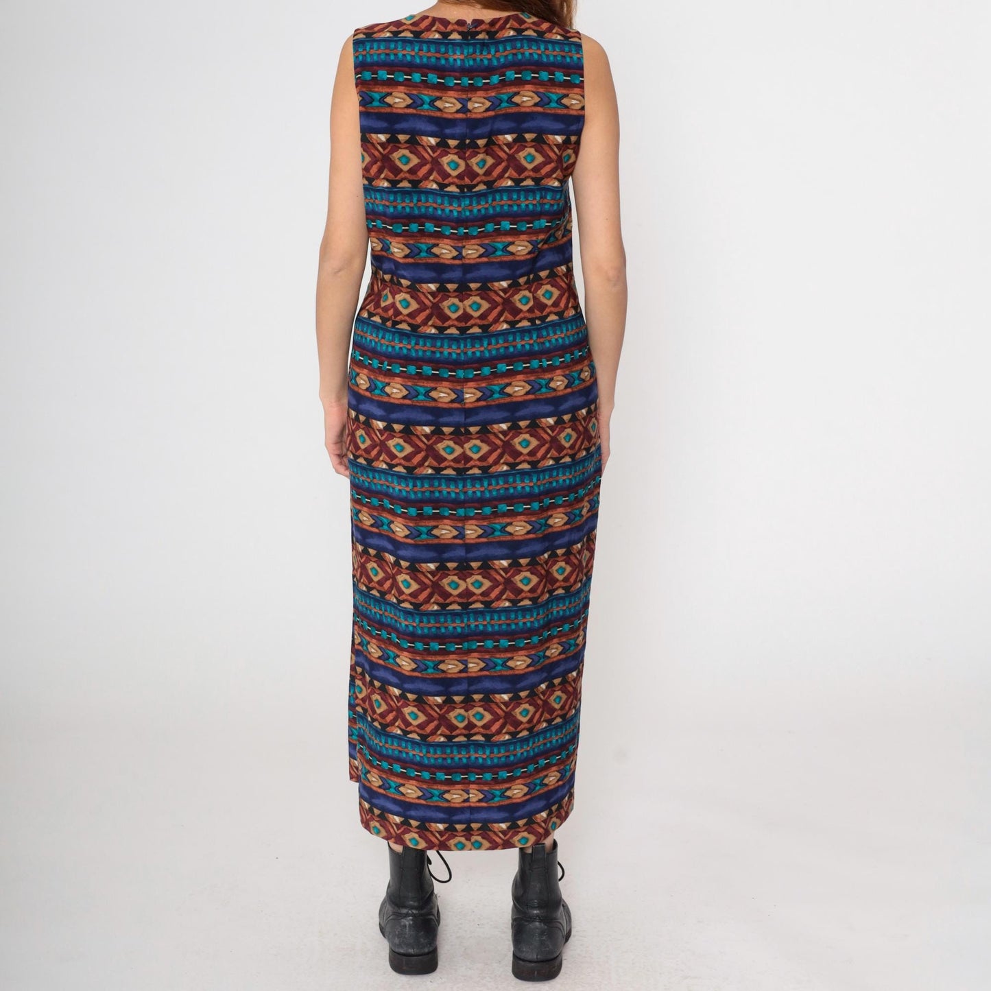 90s J Stevens Southwestern Geometric Maxi Dress Navy Sleeveless Medium M